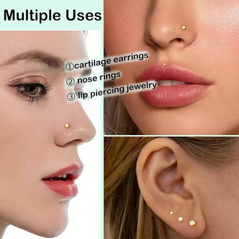 3Pairs Gold Disc Threadless Studs Earrings for Women, Surgical Steel Labret Studs Lip Rings, Push in Flat Back Nose Nostril Tragus Helix Piercing Jewelry for Women 18G in Kuwait