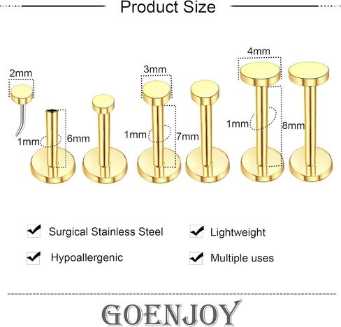 3Pairs Gold Disc Threadless Studs Earrings for Women, Surgical Steel Labret Studs Lip Rings, Push in Flat Back Nose Nostril Tragus Helix Piercing Jewelry for Women 18G in Kuwait