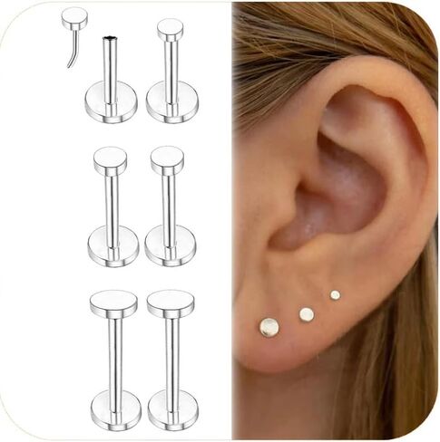 3Pairs Gold Disc Threadless Studs Earrings for Women, Surgical Steel Labret Studs Lip Rings, Push in Flat Back Nose Nostril Tragus Helix Piercing Jewelry for Women 18G in Kuwait