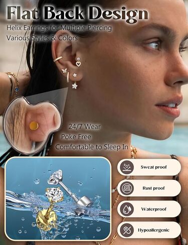 16 Gauge Cartilage Earrings for Women - 14K Gold Plated Flat Back Earrings Hypoallergenic Surgical Stainless Steel Stud Hoop Cartilage Earrings Set Daith Conch Tragus Helix Piercing Jewelry in Saudi Arabia