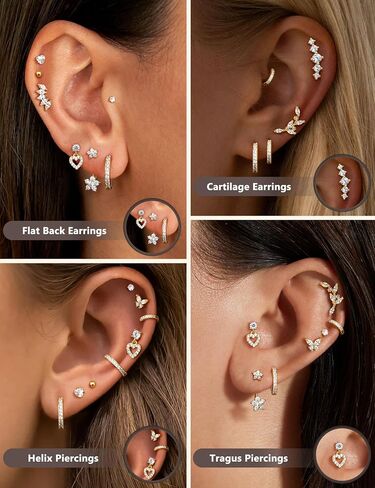 16 Gauge Cartilage Earrings for Women - 14K Gold Plated Flat Back Earrings Hypoallergenic Surgical Stainless Steel Stud Hoop Cartilage Earrings Set Daith Conch Tragus Helix Piercing Jewelry in Saudi Arabia