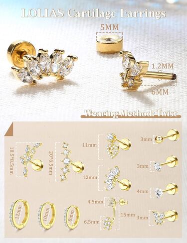 16 Gauge Cartilage Earrings for Women - 14K Gold Plated Flat Back Earrings Hypoallergenic Surgical Stainless Steel Stud Hoop Cartilage Earrings Set Daith Conch Tragus Helix Piercing Jewelry in Saudi Arabia