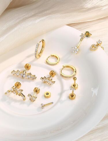16 Gauge Cartilage Earrings for Women - 14K Gold Plated Flat Back Earrings Hypoallergenic Surgical Stainless Steel Stud Hoop Cartilage Earrings Set Daith Conch Tragus Helix Piercing Jewelry in Saudi Arabia