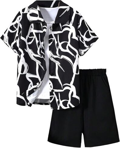 Verdusa Boy's 2 Piece Summer Casual Button Front Shirt and Track Shorts Printed 2 Pieces Outfit Set in Saudi Arabia