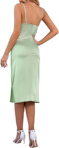 LYANER Women's Satin Drape Cowl Neck Sleeveless Strappy Cami Split Slit Party Midi Dress in Kuwait