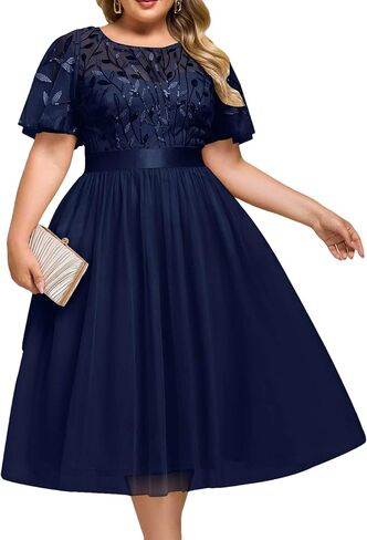 Ever-Pretty Plus Women's Round Neck Embroidery Short Sleeves Sequin Tulle Midi Plus Size Cocktail Wedding Guest Dresses in Saudi Arabia