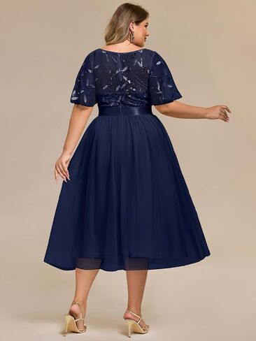 Ever-Pretty Plus Women's Round Neck Embroidery Short Sleeves Sequin Tulle Midi Plus Size Cocktail Wedding Guest Dresses in Saudi Arabia