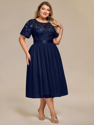 Ever-Pretty Plus Women's Round Neck Embroidery Short Sleeves Sequin Tulle Midi Plus Size Cocktail Wedding Guest Dresses in Saudi Arabia