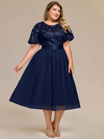 Ever-Pretty Plus Women's Round Neck Embroidery Short Sleeves Sequin Tulle Midi Plus Size Cocktail Wedding Guest Dresses in Saudi Arabia