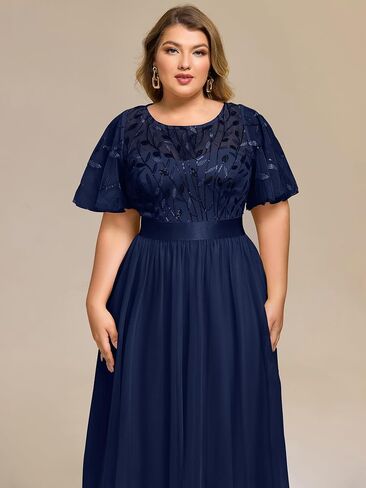 Ever-Pretty Plus Women's Round Neck Embroidery Short Sleeves Sequin Tulle Midi Plus Size Cocktail Wedding Guest Dresses in Saudi Arabia