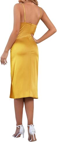 LYANER Women's Satin Drape Cowl Neck Sleeveless Strappy Cami Split Slit Party Midi Dress in Saudi Arabia