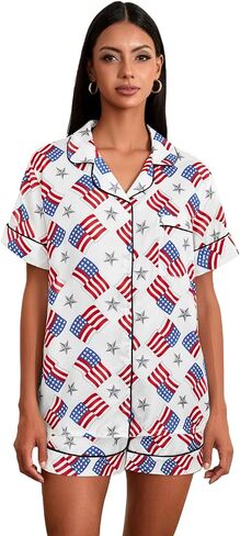Women 4th of July Pajamas Set Pentagram Print Button Down Short Sleeve Tops with Shorts Summer Lounge Wear 2 Pcs Set in Saudi Arabia