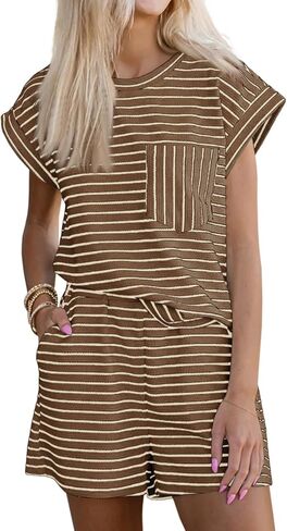 Tankaneo Womens 2 Piece Lounge Sets Striped Summer Outfits Cap Sleeve Tops and Elastic Waist Shorts Matching Set in Kuwait