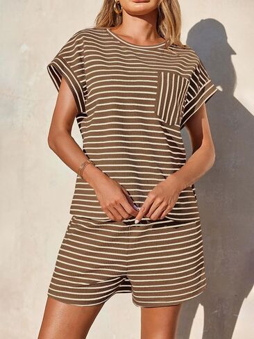 Tankaneo Womens 2 Piece Lounge Sets Striped Summer Outfits Cap Sleeve Tops and Elastic Waist Shorts Matching Set in Kuwait
