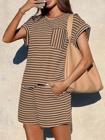 Tankaneo Womens 2 Piece Lounge Sets Striped Summer Outfits Cap Sleeve Tops and Elastic Waist Shorts Matching Set in Kuwait