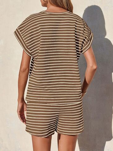 Tankaneo Womens 2 Piece Lounge Sets Striped Summer Outfits Cap Sleeve Tops and Elastic Waist Shorts Matching Set in Kuwait