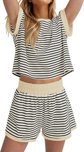 MISSACTIVER 2 Piece Lounge Set Women Stripe Knit Short Sleeve Tee Shirts Shorts Casual Summer Loungewear Shorts Sets in Saudi Arabia