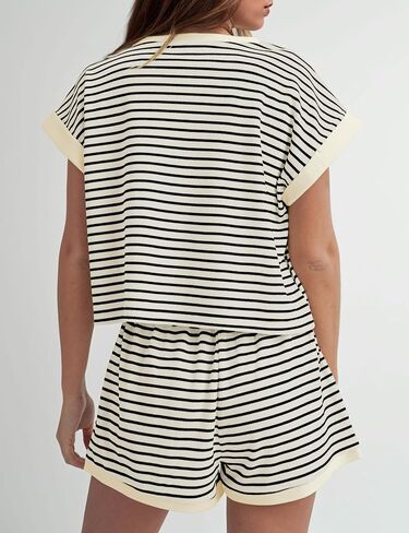 MISSACTIVER 2 Piece Lounge Set Women Stripe Knit Short Sleeve Tee Shirts Shorts Casual Summer Loungewear Shorts Sets in Saudi Arabia