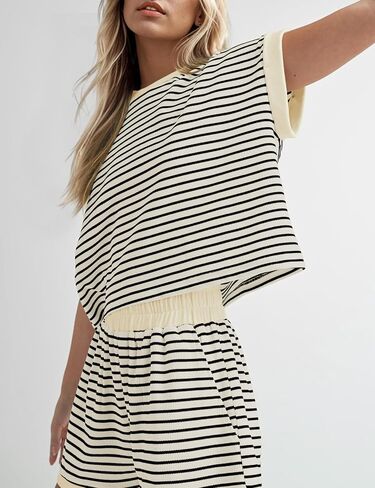 MISSACTIVER 2 Piece Lounge Set Women Stripe Knit Short Sleeve Tee Shirts Shorts Casual Summer Loungewear Shorts Sets in Saudi Arabia
