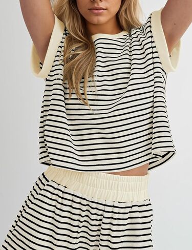 MISSACTIVER 2 Piece Lounge Set Women Stripe Knit Short Sleeve Tee Shirts Shorts Casual Summer Loungewear Shorts Sets in Saudi Arabia