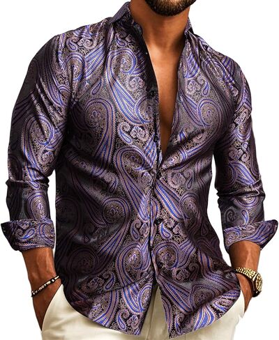 Barry.Wang Men's Floral Button Up Shirts Silk Long Sleeve Dress Shirt Satin Paisley Casual Party Wedding Western Prom Costume in Saudi Arabia