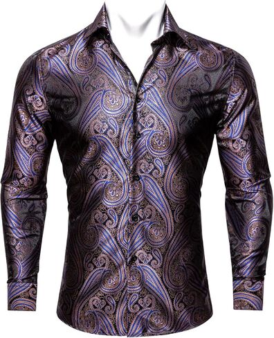 Barry.Wang Men's Floral Button Up Shirts Silk Long Sleeve Dress Shirt Satin Paisley Casual Party Wedding Western Prom Costume in Saudi Arabia