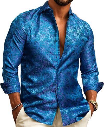 Barry.Wang Men's Floral Button Up Shirts Silk Long Sleeve Dress Shirt Satin Paisley Casual Party Wedding Western Prom Costume in Saudi Arabia
