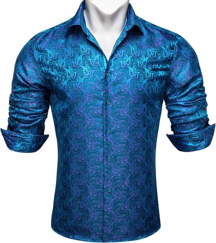 Barry.Wang Men's Floral Button Up Shirts Silk Long Sleeve Dress Shirt Satin Paisley Casual Party Wedding Western Prom Costume in Saudi Arabia