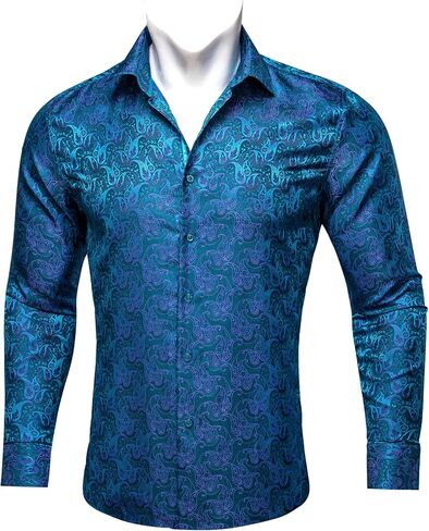 Barry.Wang Men's Floral Button Up Shirts Silk Long Sleeve Dress Shirt Satin Paisley Casual Party Wedding Western Prom Costume in Saudi Arabia