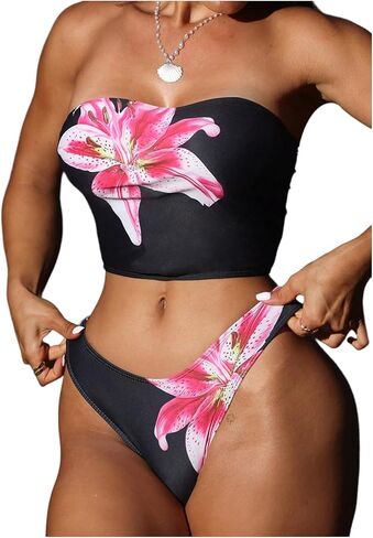 Milumia Women's 2 Piece Strapless Tankini Set Floral Print Bandeau High Cut Bathing Suits in Saudi Arabia