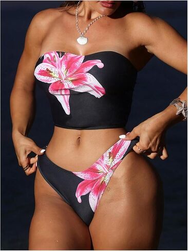Milumia Women's 2 Piece Strapless Tankini Set Floral Print Bandeau High Cut Bathing Suits in Saudi Arabia