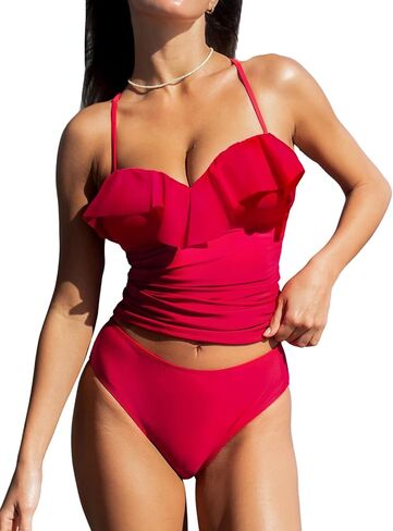CUPSHE Women's Tankini Sets Ruffle Sweetheart Neck Two Piece Bathing Suits Adjustable Self Tie Ruched Swimwear in Saudi Arabia