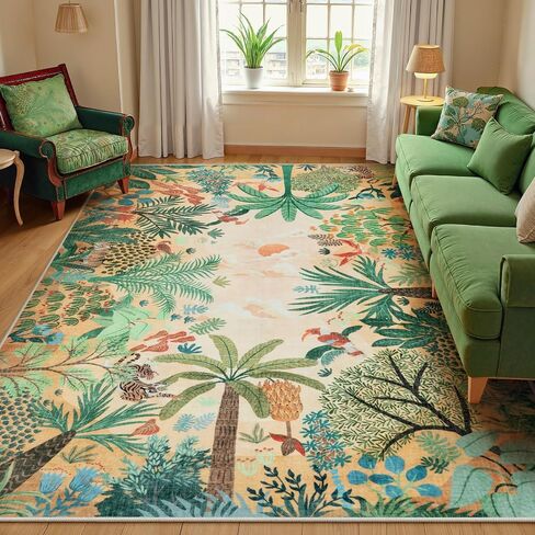 LIVEBOX Boho Jungle Animal Print 5 x 7 Area Rugs for Living Room, Soft Yellow Rug for Bedroom, Non-Slip Machine Washable Rugs for Dining Room Office, Kids Rugs for Playroom Sun Rug for Nursery Room in Saudi Arabia