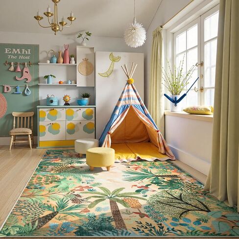 LIVEBOX Boho Jungle Animal Print 5 x 7 Area Rugs for Living Room, Soft Yellow Rug for Bedroom, Non-Slip Machine Washable Rugs for Dining Room Office, Kids Rugs for Playroom Sun Rug for Nursery Room in Saudi Arabia