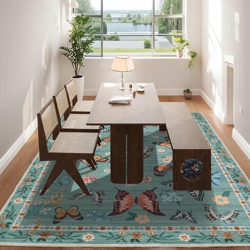 Insect Floral Area Rug for Living Room 5x7 Machine Washable Area Rug Non-Slip Low Pile Large Bedroom Rug Stain Resistant Throw Rug Carpet for Nursery Dining Room Kids Playroom Office Beige in Kuwait