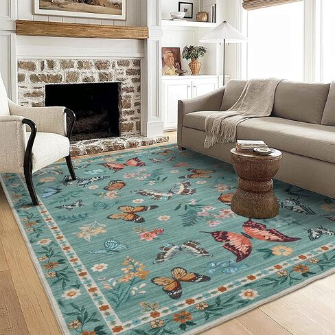 Insect Floral Area Rug for Living Room 5x7 Machine Washable Area Rug Non-Slip Low Pile Large Bedroom Rug Stain Resistant Throw Rug Carpet for Nursery Dining Room Kids Playroom Office Beige in Kuwait