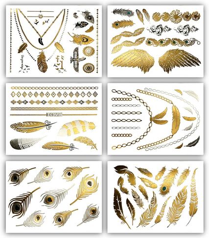 Terra Tattoos Gold Metallic Temporary Tats 75+ Boho Henna Designs Feathers, Tribal, Elephants - Waterproof Nontoxic Long Lasting Perfect for Beach, Festivals, & more! in Saudi Arabia
