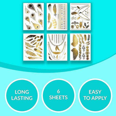 Terra Tattoos Gold Metallic Temporary Tats 75+ Boho Henna Designs Feathers, Tribal, Elephants - Waterproof Nontoxic Long Lasting Perfect for Beach, Festivals, & more! in Saudi Arabia