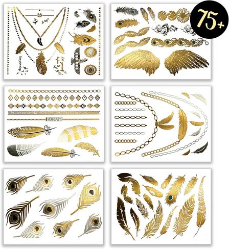 Terra Tattoos Gold Metallic Temporary Tats 75+ Boho Henna Designs Feathers, Tribal, Elephants - Waterproof Nontoxic Long Lasting Perfect for Beach, Festivals, & more! in Saudi Arabia