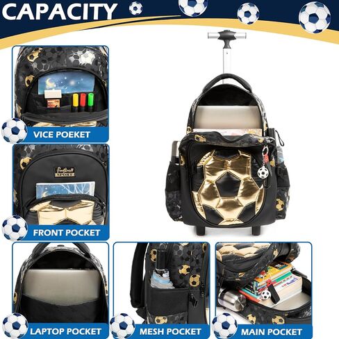 Kids Rolling Backpack Roller Backpack with Wheels Elementary Kindergarten School Students Football Trolley School Bag for School Boys in Saudi Arabia