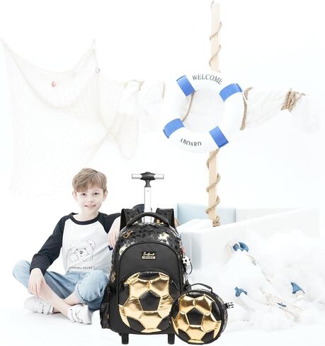 Kids Rolling Backpack Roller Backpack with Wheels Elementary Kindergarten School Students Football Trolley School Bag for School Boys in Saudi Arabia