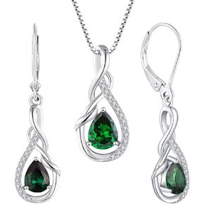 STARCHENIE 925 Sterling Silver Necklace Dangle Earrings for Women Infinity Twisted Teardrop Pendant May Birthstone Created Emerald Jewelry Set