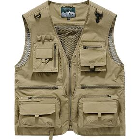 Men's Lightweight Mesh Fishing Vest Utility Outdoor Multi-Pocket Hunting Cargo Vest(0309-Khaki-L)