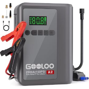 GOOLOO A2 8-in-1 Jump Starter with Air Compressor, 2500A Car Battery Booster (Up to 8L Gas/6L Diesel) 150 PSI Cordless Auto-Shutoff Tire Inflator, 12V Supersafe Lithium Jump Box with Jumper Cables