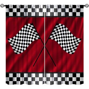 سباق الستائر لسيارات الأطفال للأولاد ديكور غرفة نوم Red Racing Flag Artlists Window Windows for Bedroom Decor Fabric 2 لوحة W21XL45in