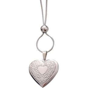 Heart Locket Necklace with Photo Frame, Stainless Steel, Adjustable Chain, Silver