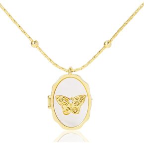 Joez Wonderful 14k Gold Butterfly Shell Necklace, Gold Plated Butterfly Locket Charm, Elegant Photo Picture Locket Necklace for Women (1 Pcs)