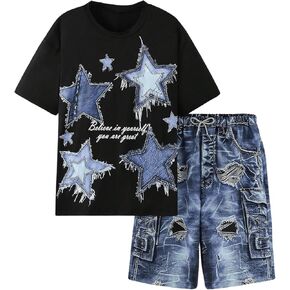 Gorglitter Boy's 2 Outfit Star Graphic Print Tee Shirt مرنة الخصر مجموعات قصيرة