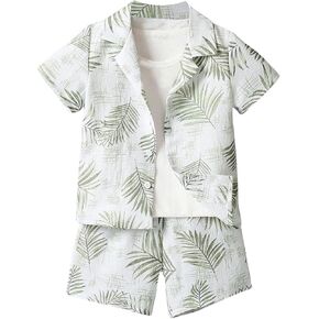 SweatyRocks Boy's 2 Piece Outfits Tropical Print Button Down Shirt and Shorts Clothing Sets