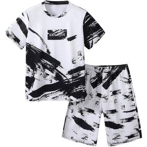 GORGLITTER Boy's 2 Piece Letter Ink Graphic Outfit Short Sleeve Tee Top Elastic Waist Shorts Set